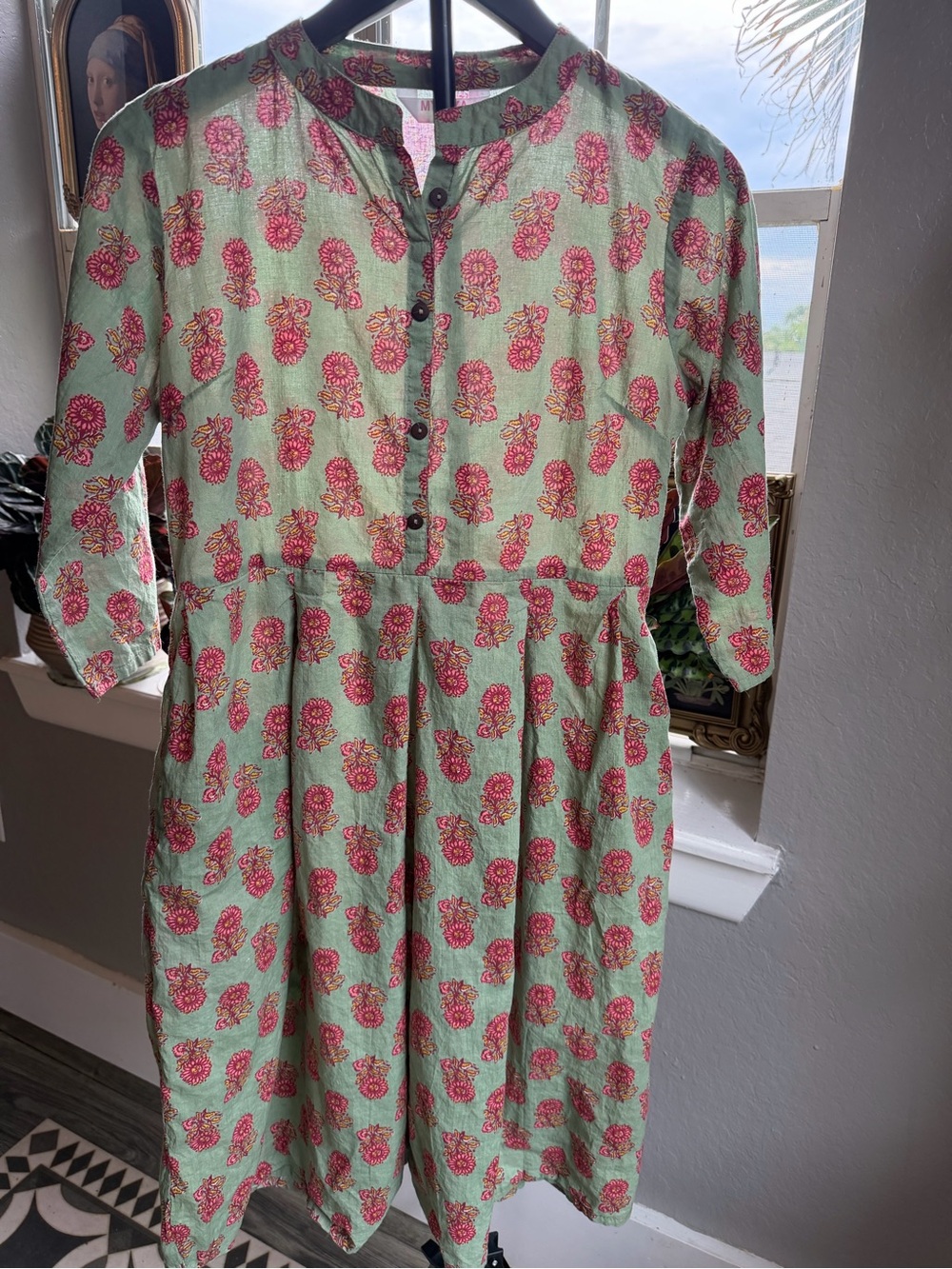MYSHKA Floral Block Print Midi Dress Size M Sage Green Pink Boho Kurta